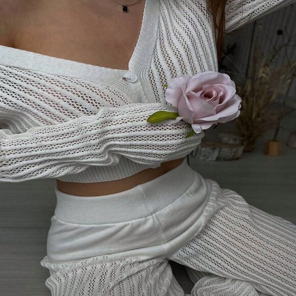 White Boho Women's Knit Sheer Hollow Top And High Waist Pants 2-Piece Suit set - Picture 5 of 6